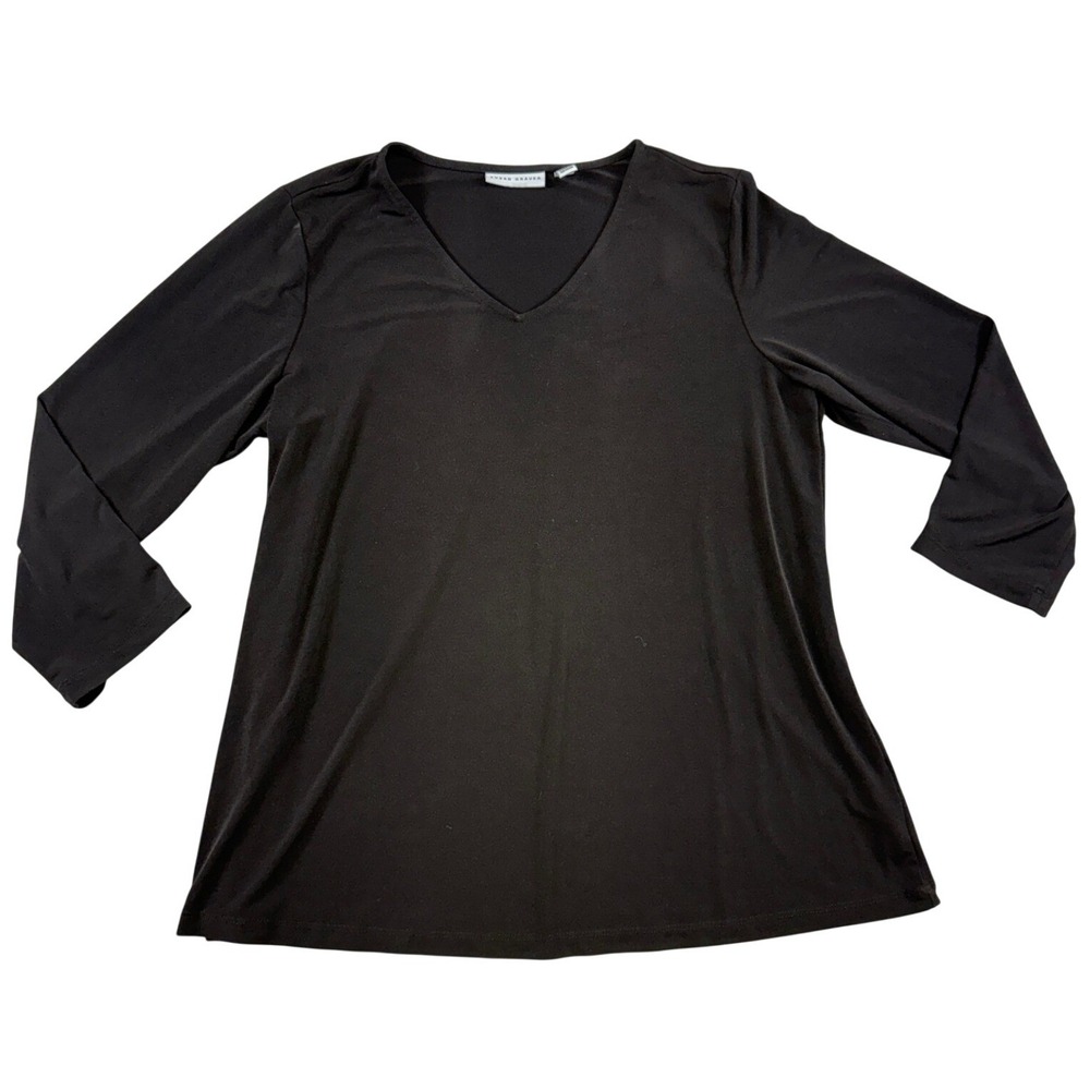 Susan Graver Liquid Knit Black V-Neck 3/4 Sleeve Top Womens Size Medium